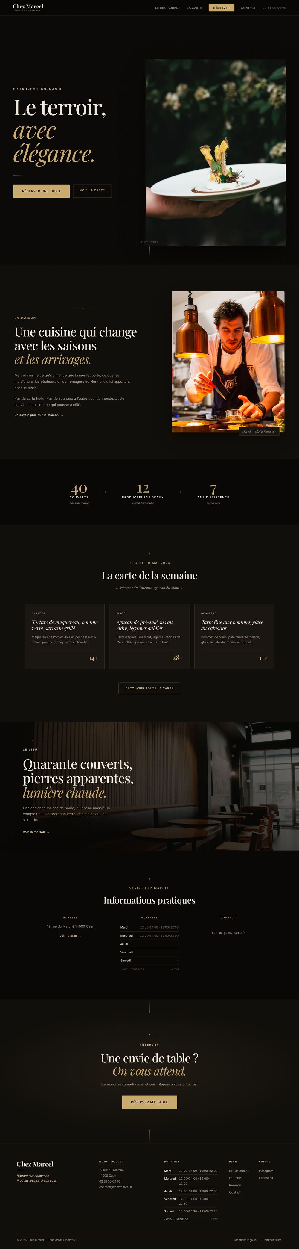Défilement de la démo Chez Marcel, site vitrine de restaurant, réalisé par Standly Atelier