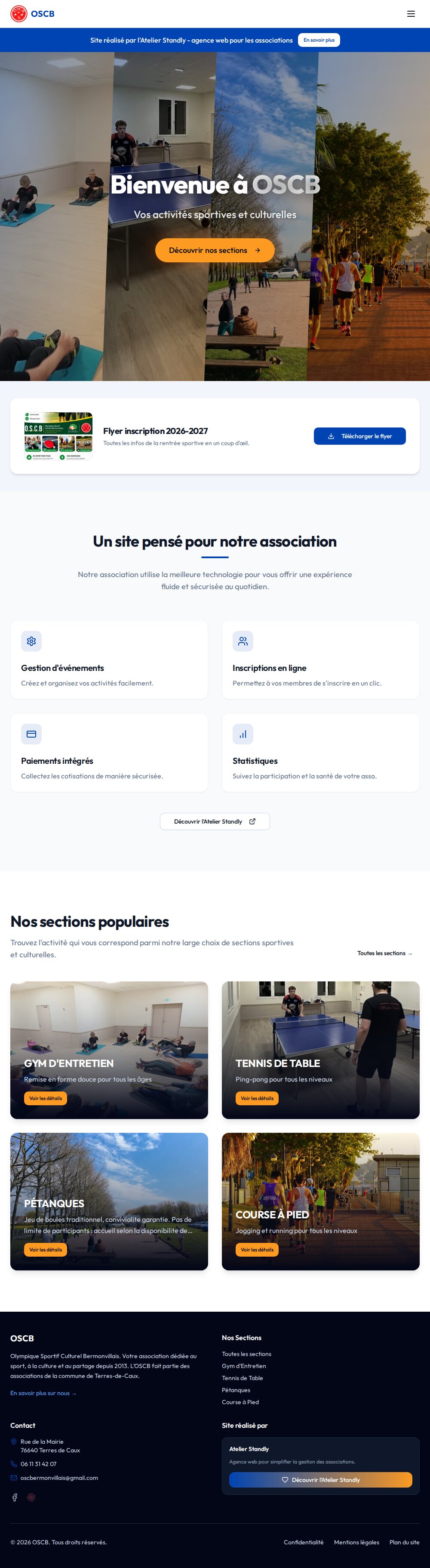 Défilement du site OSCB, association sportive et culturelle avec inscriptions en ligne et connexion à la comptabilité, réalisé par Standly Atelier